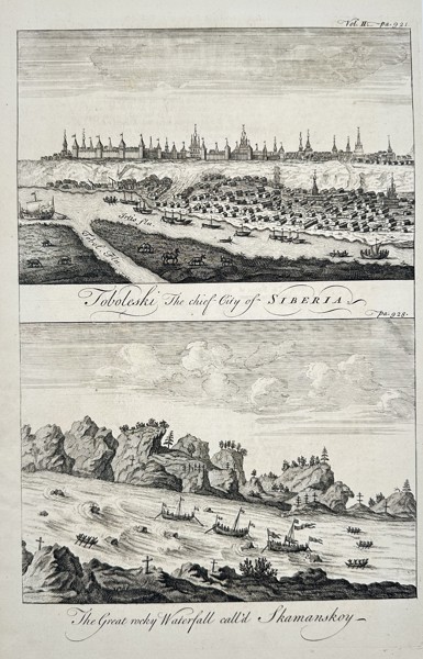 John Harris (Active 1680–1740) – Tobolski, The Chief City of Siberia and The Great rocky Waterfall call'd Skamanskoy – Engraving (c. 1740)