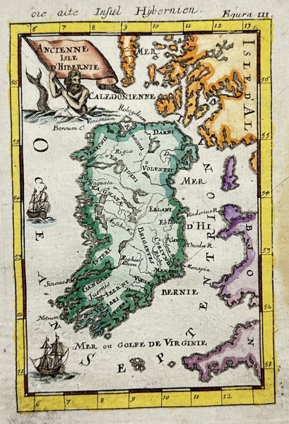 Alain Mannesson Mallet (1630-1706) - Map of Ireland - Very decorative with galleons and cartouche with Neptune - Ancienne Isle D'Hibernie - 1681-1700