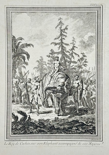 Antoine François Prévost d'Exiles (Abbé Prévost) (1697–1763) – The King of Cochin on his Elephant accompanied by his Nayars – Engraving (c. 1760)