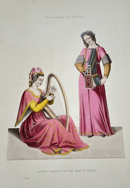 Henry Shaw (1800–1873) – Ladies Playing on the Harp & Organ – Lithograph with hand-coloring (c. 1843)