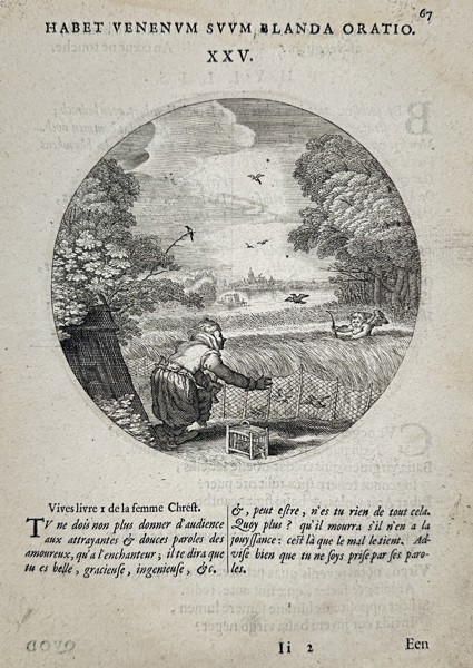 Jacob Cats (1577–1660) – Woman Setting a Bird Trap (Habet Venenum Svm Blanda Oratio) – Engraving (1640)