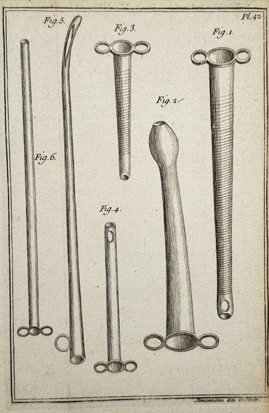 Nicolaas Bidloo (c. 1670–1735), after – Surgical Instruments and Catheters (Plate 42) – Engraving (c. 1739)