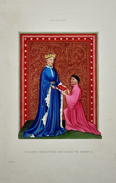 Henry Shaw (1800–1873) – Occleve Presenting his Book to Henry VI – Chromolithograph (c. 1840)