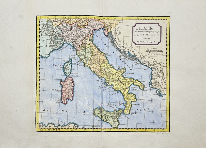 Robert de Vaugondy - Hand-coloured map of Italy with Corsica and Sardinia