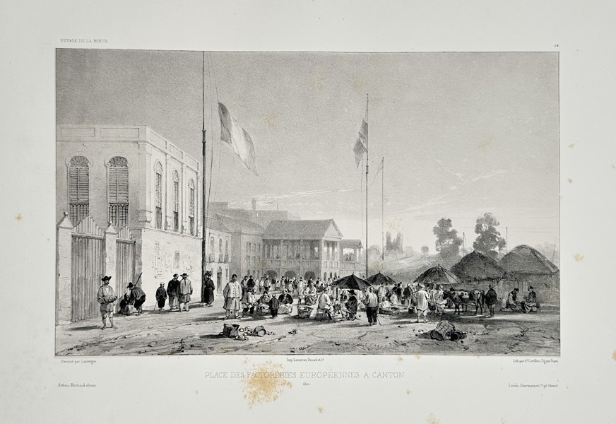 Barthélémy Lauvergne (1805–1871) – Place des Factoreries Européennes à Canton (Square of European Factories in Canton) – Engraving (1838)