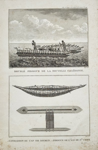 Pierre Piron (1748–1796) – Double Pirogue de la Nouvelle Calédonie (Double Canoe of New Caledonia) – Engraving (c. 1799)