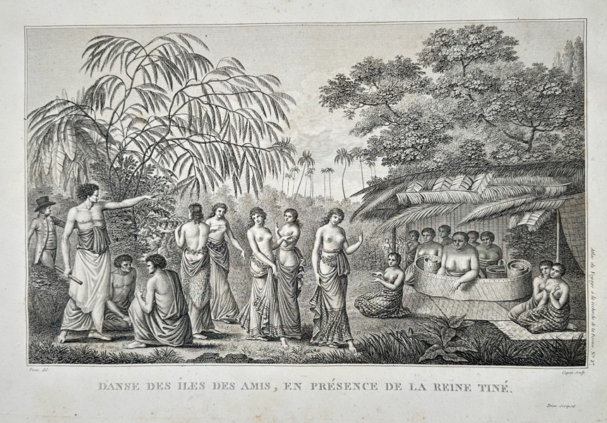 Pierre Piron (1748–1796) – Danse des Isles des Amis, en présence de la Reine Tiné (Dance of the Friendly Islands, in the presence of Queen Tiné) – Engraving (c. 1799)