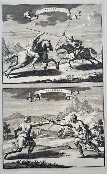 Bernard de Montfaucon (1655–1741) – Andabatae and Dimachaeri Gladiators – Engraving (1704)