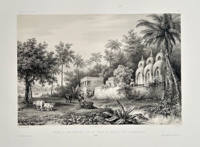 Louis-Auguste de Sainson (1800–1887) – Pagoda of Dina Marlinga, on the banks of the Hooghly, near Chandannagar, India – Lithograph (c. 1834)