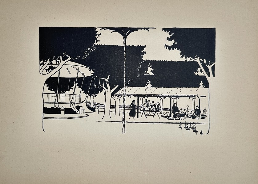 Gaston-Stéphane – Outdoor Scene with Kiosk and Figures – Illustration (1923)