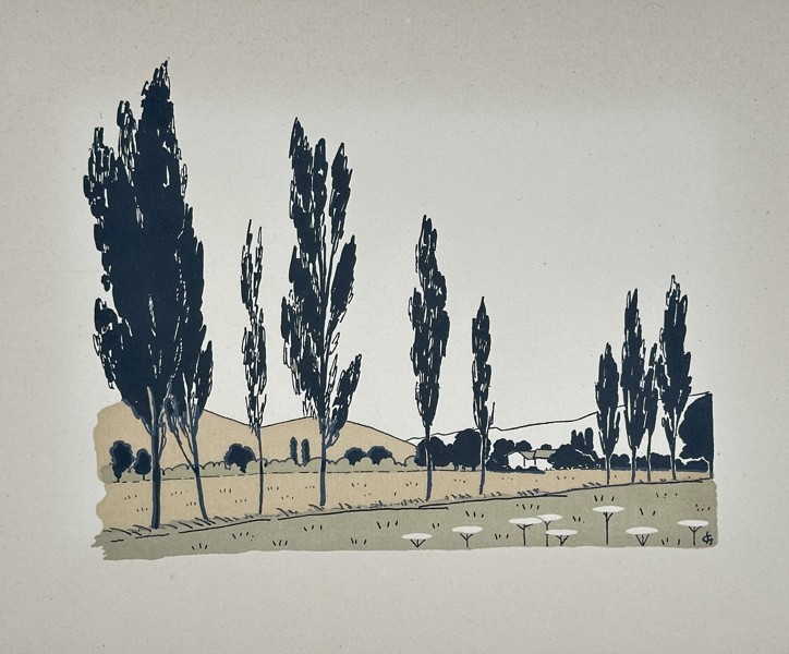 Gene Jaress (fl. c. 1930) – Poplars Along Best Road – Color woodcut (c. 1930)