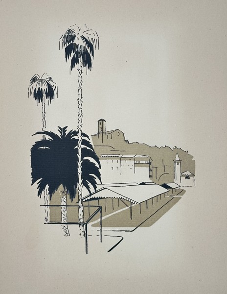Gaston-Stéphane (fl. c. 1925) – Stylized View with Palm Trees and Covered Walkway – Color woodcut (c. 1925)