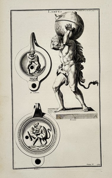 Bernard de Montfaucon (1655–1741) – Atlas Statue and Ancient Roman Oil Lamps from Antiquity Explained – Engraving (c. 1722)