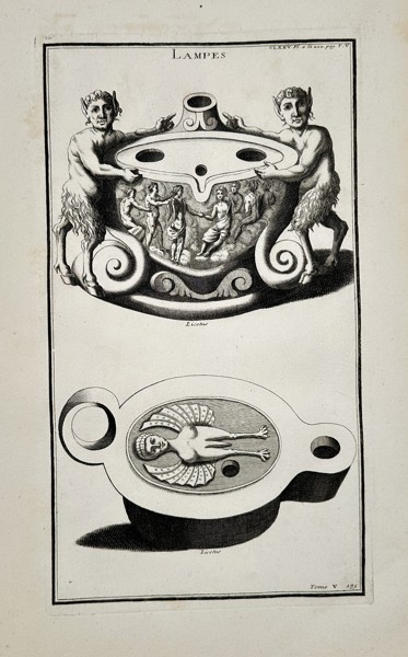 Bernard de Montfaucon (1655–1741) – Elaborate Lamp with Satyr Supports and Relief Lamp from Antiquity Explained – Engraving (c. 1722)