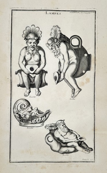 Bernard de Montfaucon (1655–1741) – Grotesque and Figural Ancient Roman Oil Lamps from Antiquity Explained – Engraving (c. 1722)