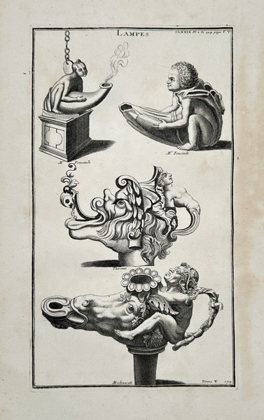 Bernard de Montfaucon (1655–1741) – Figural Ancient Roman Oil Lamps from Antiquity Explained – Engraving (c. 1722)