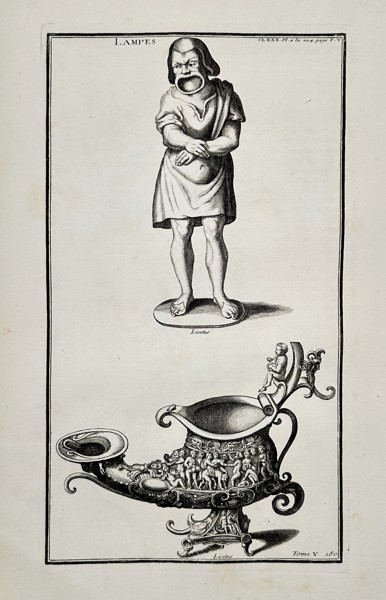 Bernard de Montfaucon (1655–1741) – Figural Support and Ornate Relief Oil Lamp from Antiquity Explained – Engraving (c. 1722)