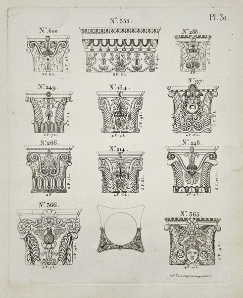 Joseph Beunat (1771–c. 1827) – Designs for Ornate Column Capitals from Architectural Ornaments – Engraving (c. 1813)
