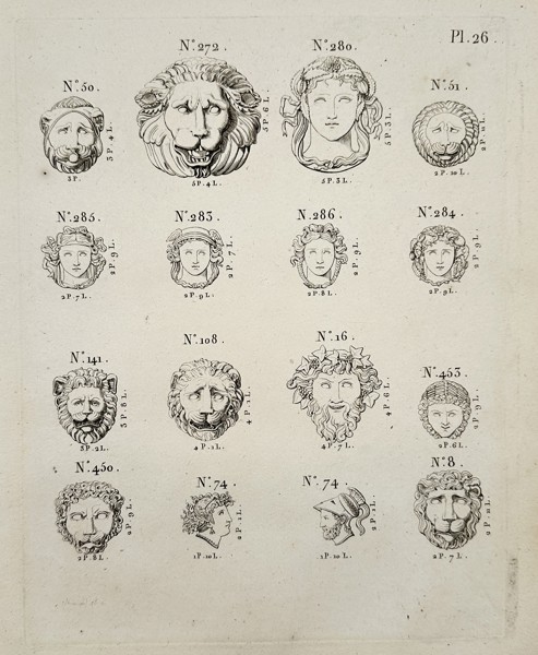 Joseph Beunat (1771–c. 1827) – Designs for Ornamental Masks and Lion Heads from Architectural Ornaments – Engraving (c. 1813)