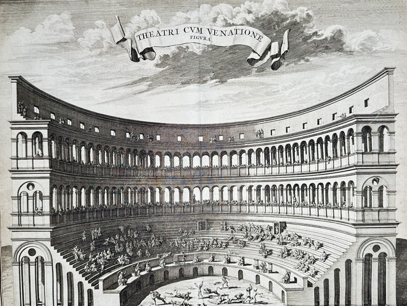 François Jacques Deseine (1768–1837) – View of the Roman Amphitheater (Colosseum) during a Hunting Spectacle – Engraving (19th Century)