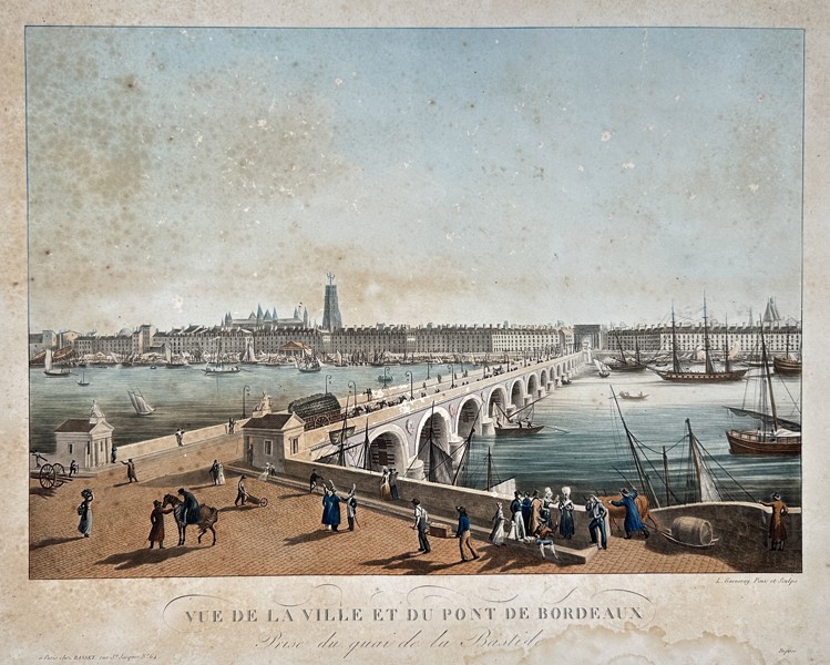 Ambroise-Louis Garneray (1783–1857) – View of the City and the Pont de Pierre – Aquatint engraving with hand-coloring (c. 1830)