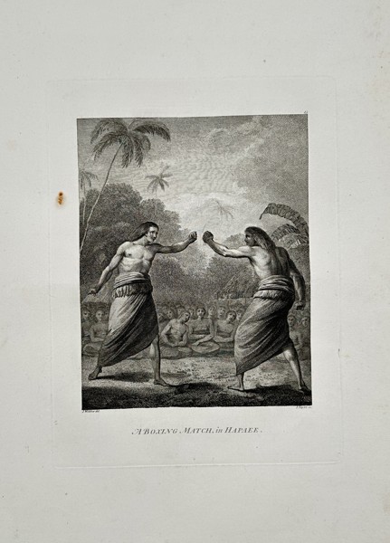 John Webber (1751–1793) – A Boxing Match in Hawaii (Documentation of Native Customs) from Cook's Voyages – Engraving (c. 1785)