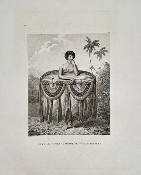 John Webber (1751–1793) – A Young Polynesian Woman Bringing a Ceremonial Present – Engraving (c. 1785)