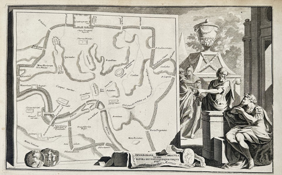 Jan Goeree (1670–1731) – Map of Ancient Rome (Forma Urbis Veteris) with Allegorical Figures – Engraving (Circa 1694-1699)