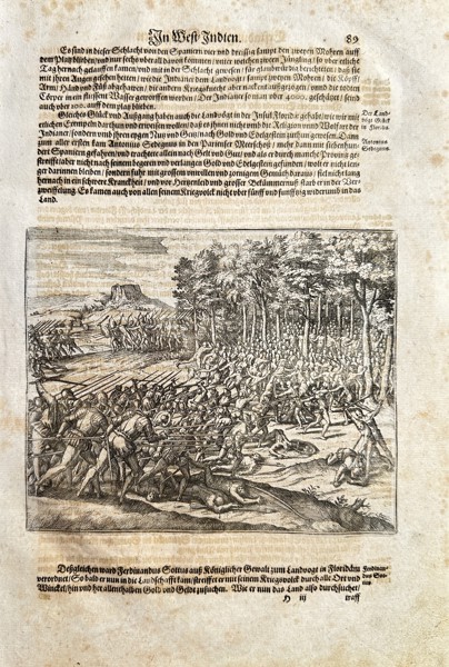 Theodore de Bry (1528–1598) – Battle Between Conquistadors and Natives in the West Indies – Engraving (Circa 1595)