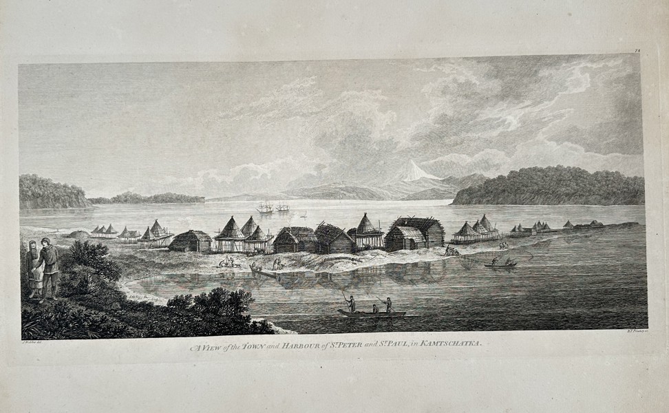 John Webber (1751–1793) – A View of the Town and Harbour of St. Peter and St. Paul, in Kamchatka – Copperplate engraving (1784)