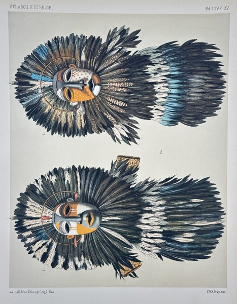 Garcís Andras – Feather Headdresses (Ethnographic Artifacts) – Chromolithograph (c. 1888–1900)