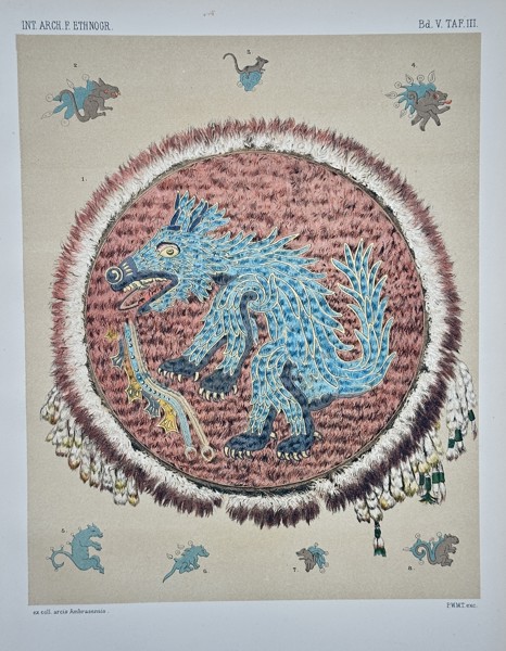 Garcís Andras – Mesoamerican Feather Shield (Ambras Castle Collection) – Chromolithograph (c. 1888–1900)