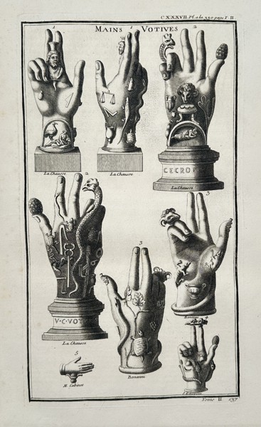 Bernard de Montfaucon (1655–1741) – Votive Hands (Mains Votives) and Sabazios Symbols – Copperplate engraving (c. 1719–1724)