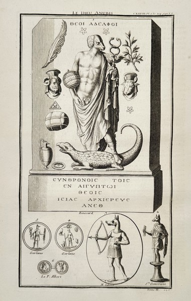 Bernard de Montfaucon (1655–1741) – The God Anubis and Greco-Egyptian Deities – Copperplate engraving (c. 1719–1724)