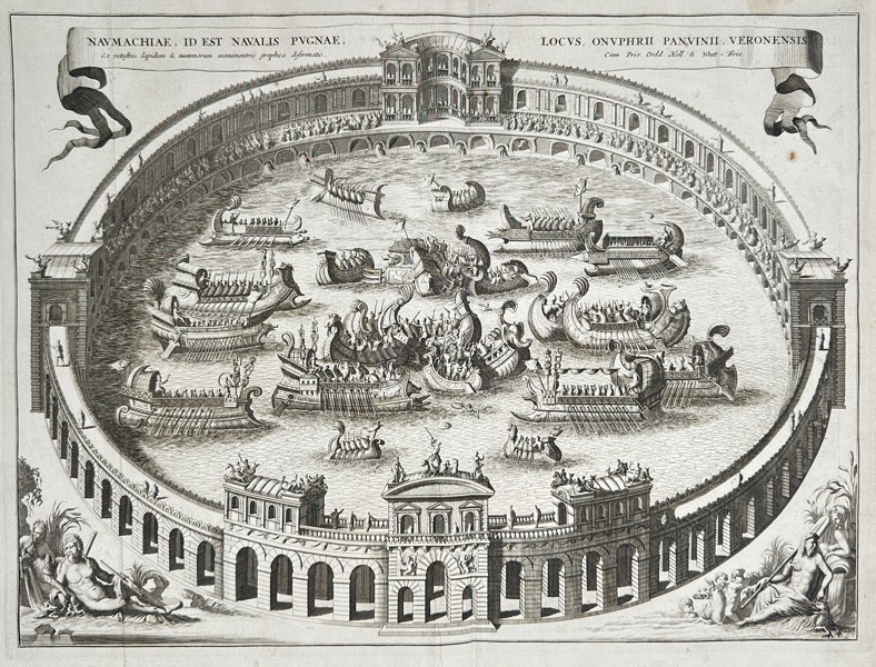 François Halma (1653–1722) – Reconstruction of a Roman Naumachia (Simulated Naval Battle) – Copperplate engraving (18th Century)