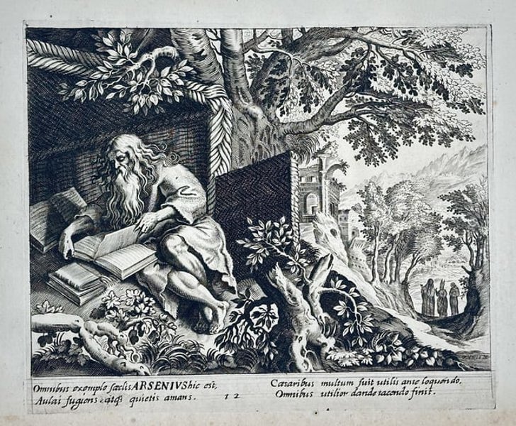 Marten de Vos (1532–1603) – Saint Arsenius the Great Reading – Engraving