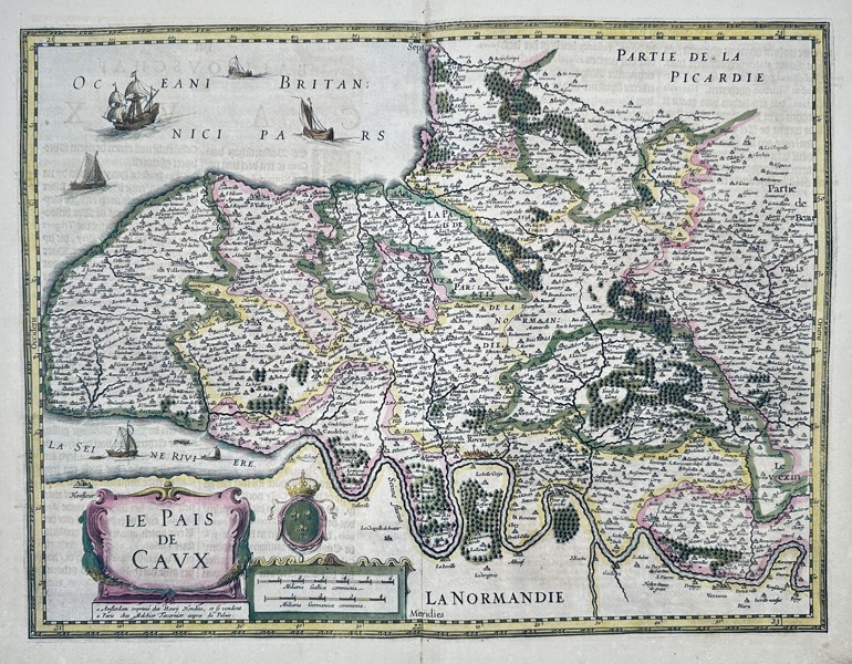 Johannes Janssonius (1588–1664) - Map of Pays de Caux and Normandy - Hand-colored Engraving (Mid-17th Century)
