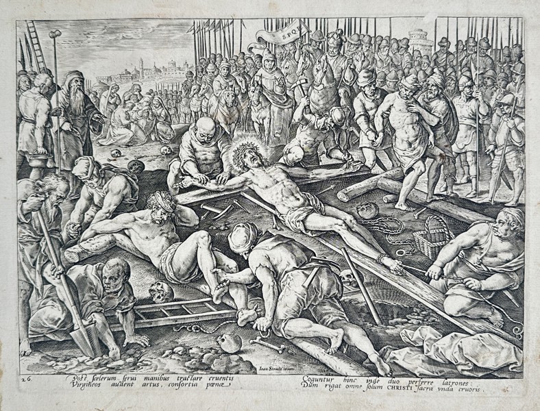 Adriaen Collaert (1560–1618) - Raising of the Cross - Copperplate Engraving (Late 16th Century)