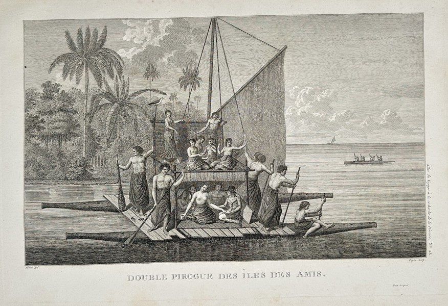Jean Piron (Active 1790s) - Double Pirogue of the Friendly Islands (Tonga) - Copperplate Engraving (Late 18th Century)
