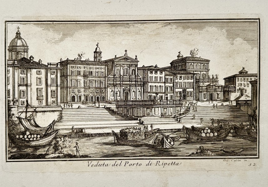 Giovanni Domenico Cassini (1625–1712) - View of the Porto di Ripetta, Rome - Copperplate Engraving (Mid-18th Century)