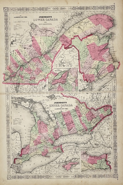 Alvin Jewett Johnson (1827-1884) - Map of Canada - Johnson's Lower Canada and New Brunswick. Johnson's Upper Canada