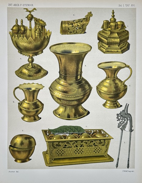 Pieter Willem Marinus Trap (1852–1905) - Ceremonial and Domestic Metallic Vessels - Color Lithograph (Late 19th Century)