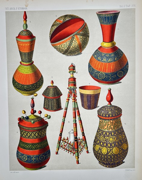 Pieter Willem Marinus Trap (1852–1905) - Ornate Ceremonial Vessels and Tripod Structure - Color Lithograph (Late 19th Century)