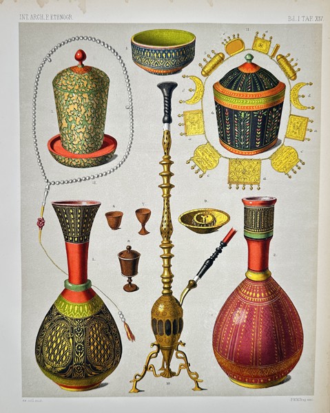 Pieter Willem Marinus Trap (1852–1905) - Ornate Hookah Bases and Ceremonial Vessels - Color Lithograph (Late 19th Century)