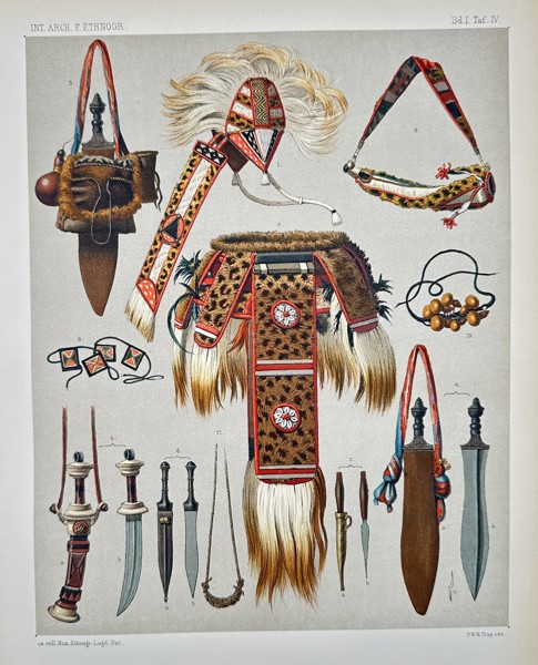 Pieter Willem Marinus Trap (1852–1905) - Ceremonial Garment and Weapons (Ethnographic Plate) - Color Lithograph (Late 19th Century)