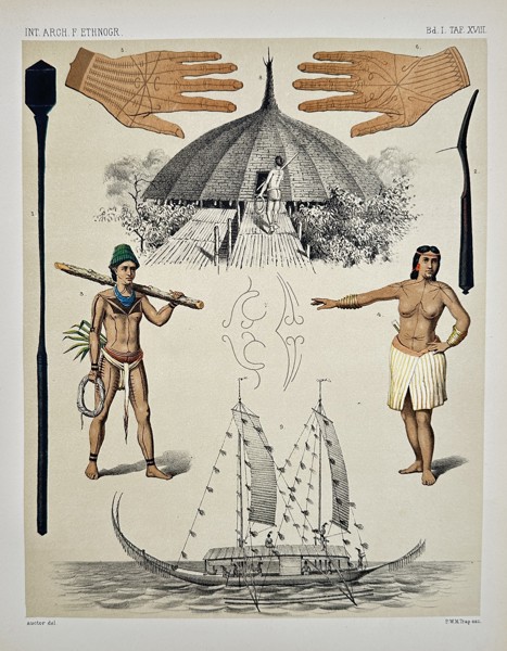 Pieter Willem Marinus Trap (1852–1905) - Dwelling, Canoe, and Figures from the Pacific - Color Lithograph (Late 19th Century)
