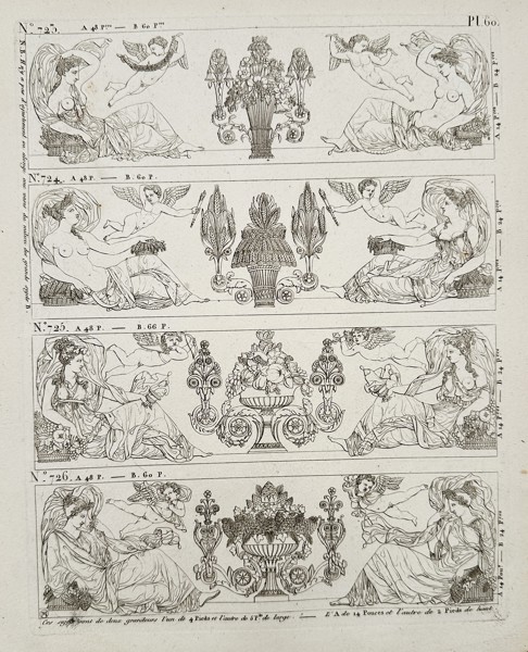 Joseph Beunat (19th century) - Designs for Neoclassical Friezes with Figures and Urns - Copperplate Engraving (Early 19th Century)