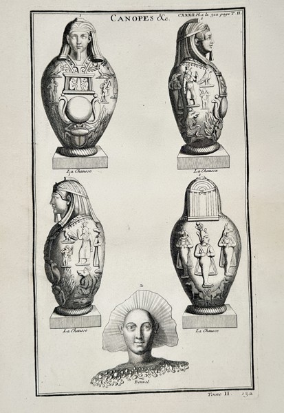Bernard de Montfaucon (1655–1741) - Studies of Ancient Egyptian Canopic Jars - Copperplate Engraving (Early 18th Century)